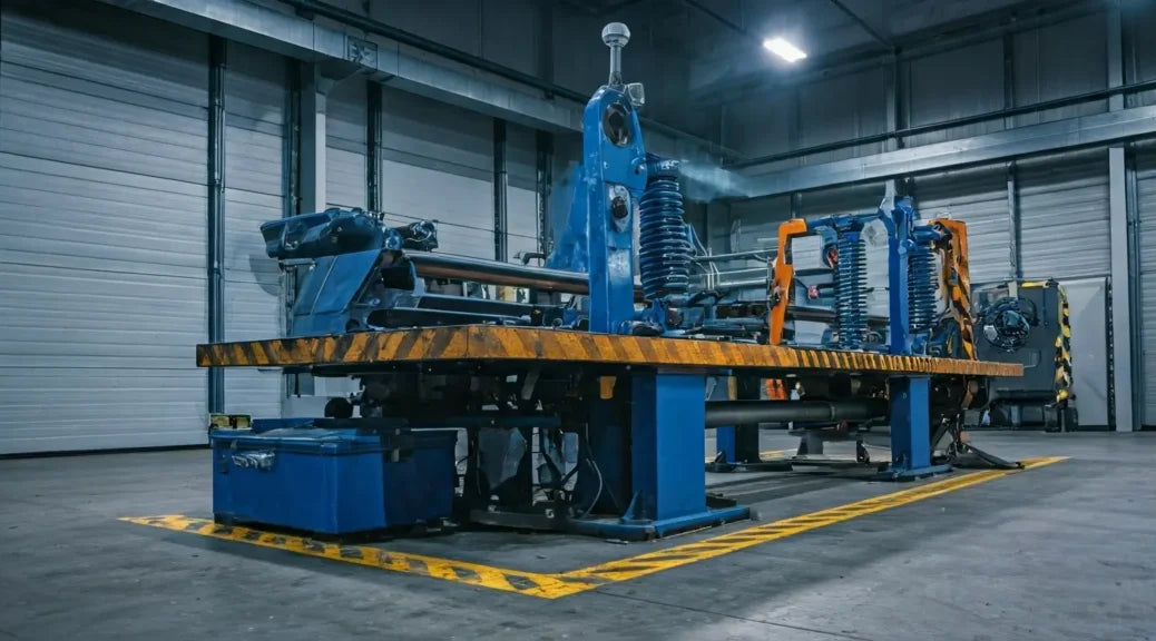 Gran banco de pruebas hidráulico y plataforma de ensamblaje para maquinaria industrial pesada en las instalaciones de Tecnihidráulica en Medellín. Ejemplo de nuestra capacidad en diseño y fabricación de equipos a medida.