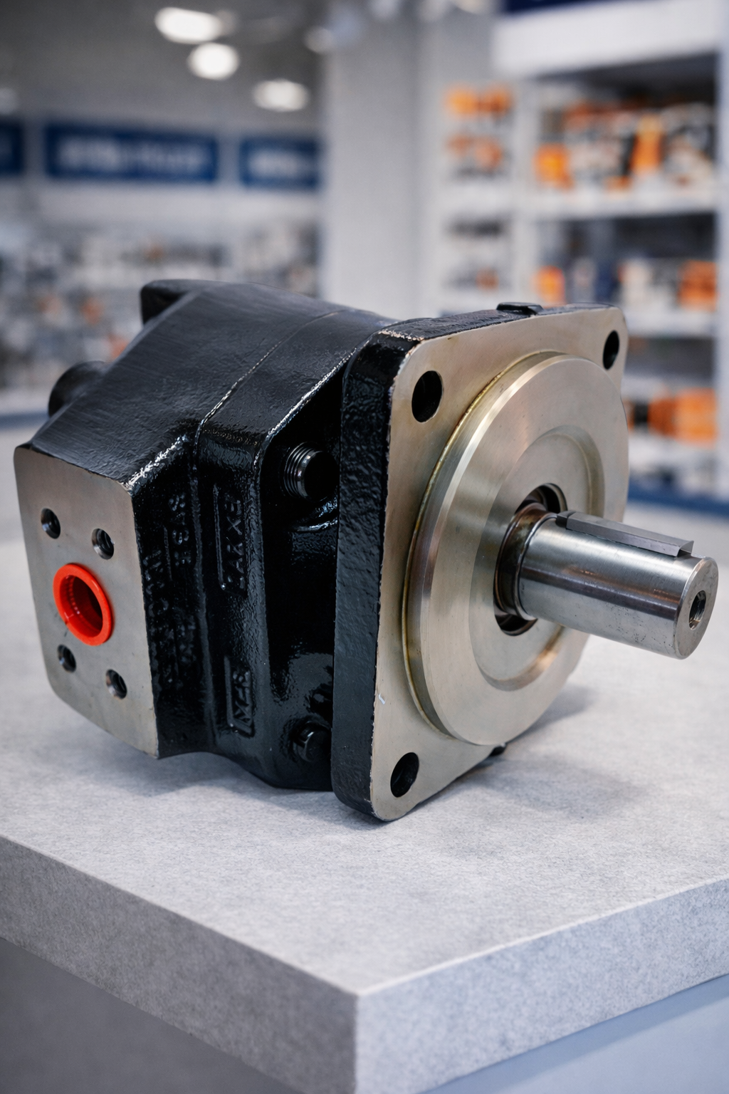 Detalle de bomba hidráulica industrial con eje de cuña y chaveta para acoplamiento mecánico. Repuesto técnico de alta presión disponible en Tecnihidráulica Medellín con envíos a todo el país