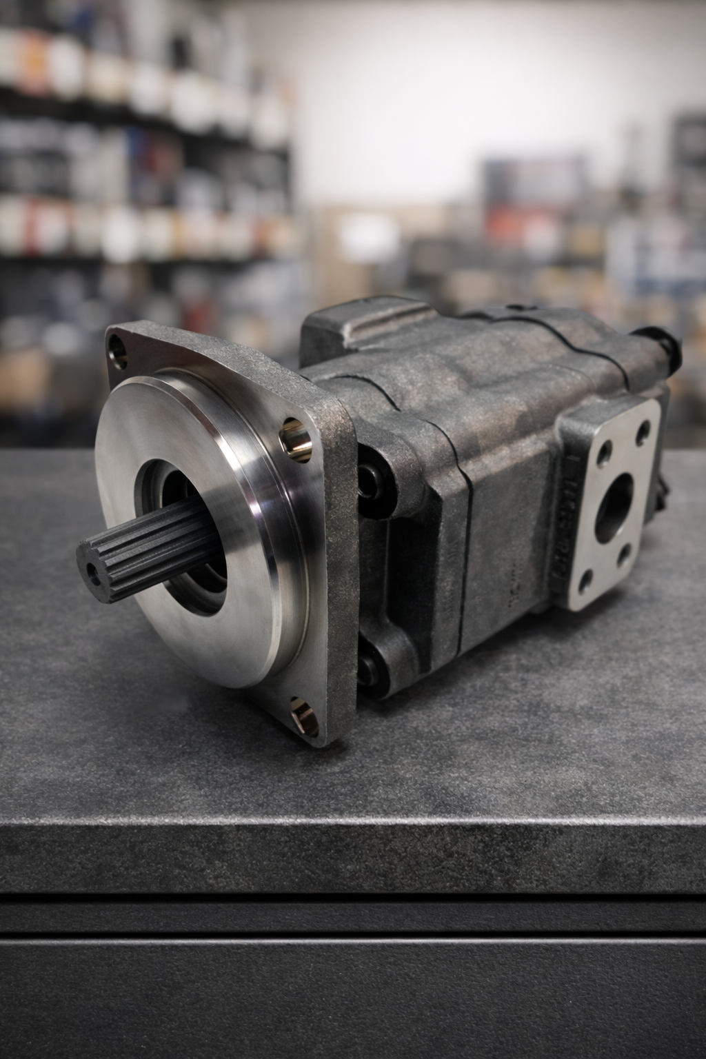 Bomba hidráulica de alta presión con eje estriado para acople en maquinaria pesada e industrial. Repuesto técnico disponible en Tecnihidráulica Medellín con servicio de envío nacional