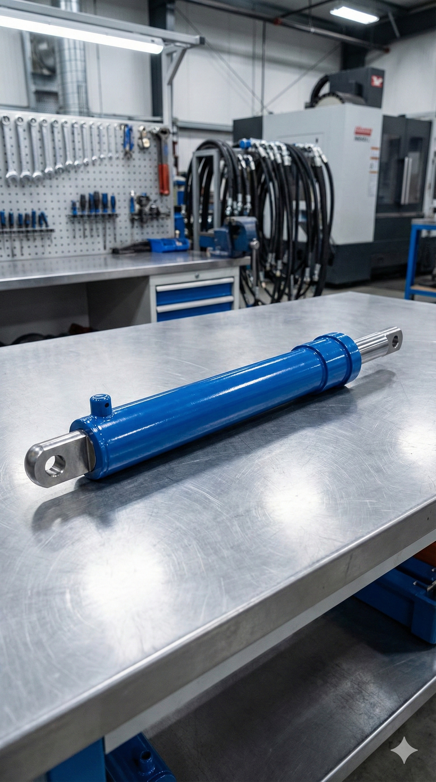 Cilindro hidráulico azul de alta resistencia sobre mesa de trabajo industrial. Producto fabricado y garantizado por Tecnihidráulica en Medellín, ideal para maquinaria pesada y aplicaciones de alta presión.