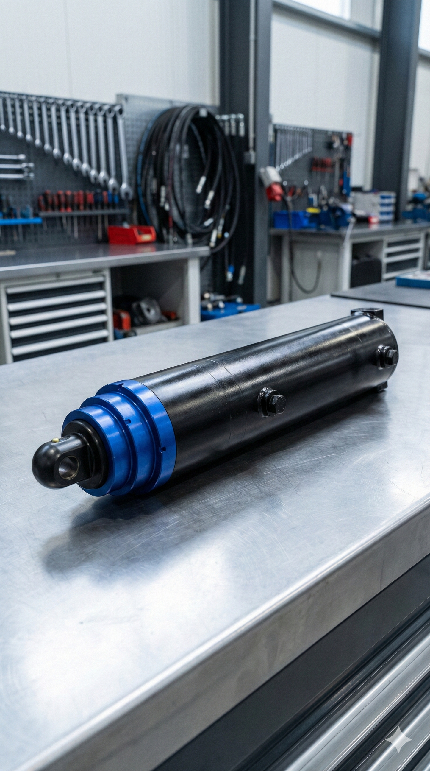 Cilindro hidráulico de alta capacidad en acabado negro y azul sobre mesa de trabajo profesional. Repuesto robusto para maquinaria pesada disponible en Tecnihidráulica Medellín con garantía técnica