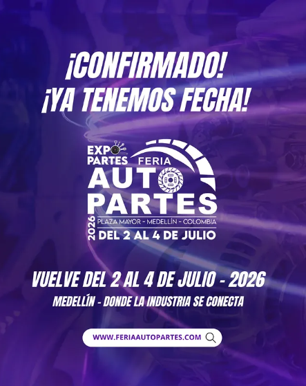 Poster promocional de Expopartes Feria Autopartes 2026 en Plaza Mayor, Medellín, con fechas confirmadas del 2 al 4 de julio. Tecnihidráulica reafirma su presencia en los eventos donde la industria se conecta para ofrecer soluciones hidráulicas de vanguardia