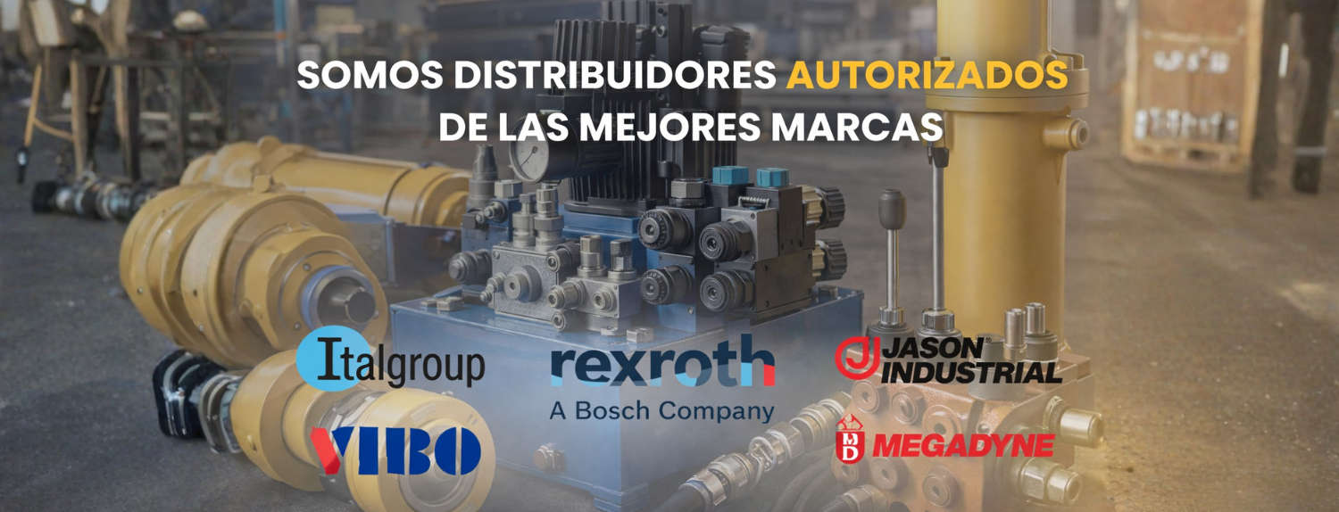 Banner de TECNIHIDRAULICA como distribuidores autorizados de marcas líderes: Rexroth, Italgroup, Jason Industrial, Vibo y Megadyne. Ofrecemos repuestos hidráulicos originales y soporte técnico especializado en Medellín