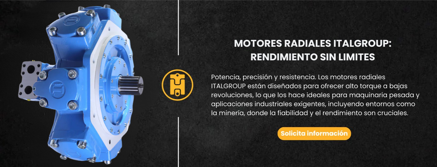 Banner de motores radiales Italgroup distribuidos por Tecnihidráulica. Motores de alto torque y baja velocidad diseñados para aplicaciones exigentes en minería e industria pesada, con respaldo técnico en Medellín