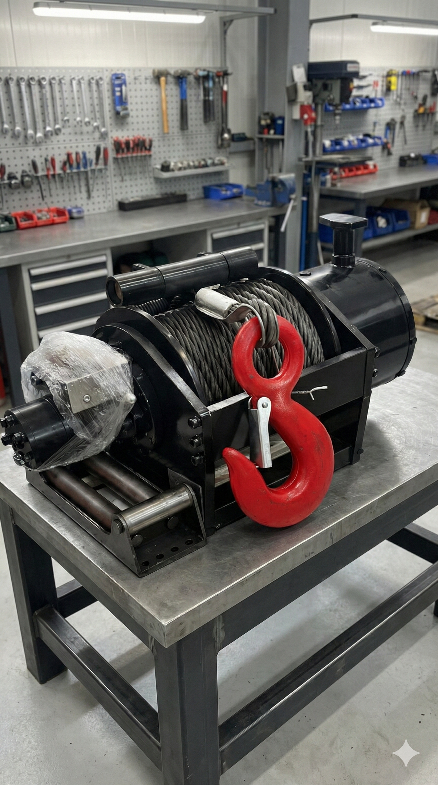 Winche hidráulico robusto con cable de acero y gancho rojo sobre mesa de trabajo profesional. Equipo de alta tracción para maquinaria y vehículos de rescate disponible en Tecnihidráulica Medellín con envíos nacionales