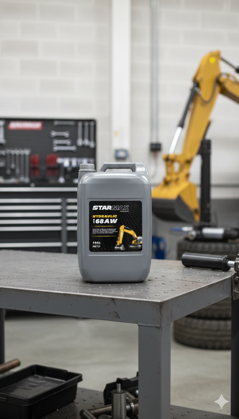 Envase de aceite hidráulico STARMAX 68AW para protección antidesgaste de sistemas de alta presión. Lubricante especializado para maquinaria pesada disponible en Tecnihidráulica Medellín