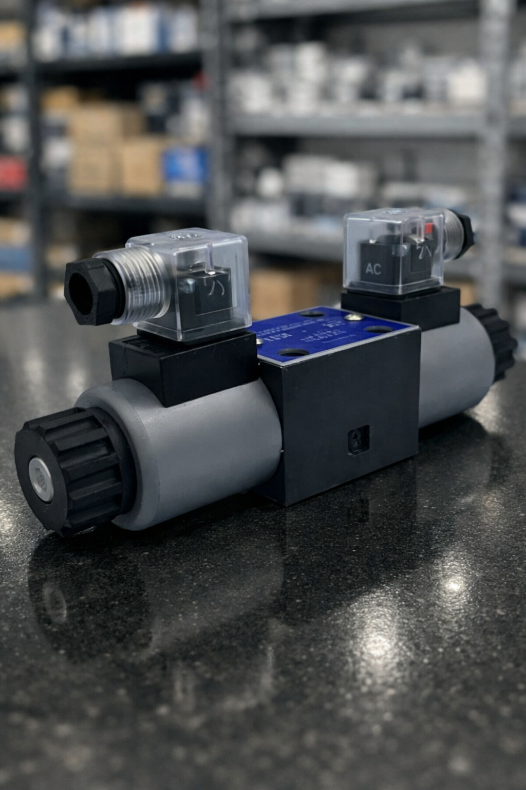 Válvula direccional hidráulica accionada por solenoide para control de flujo con kit de pernos de montaje. Repuesto técnico de alta precisión para sistemas industriales disponible en Tecnihidráulica Medellín