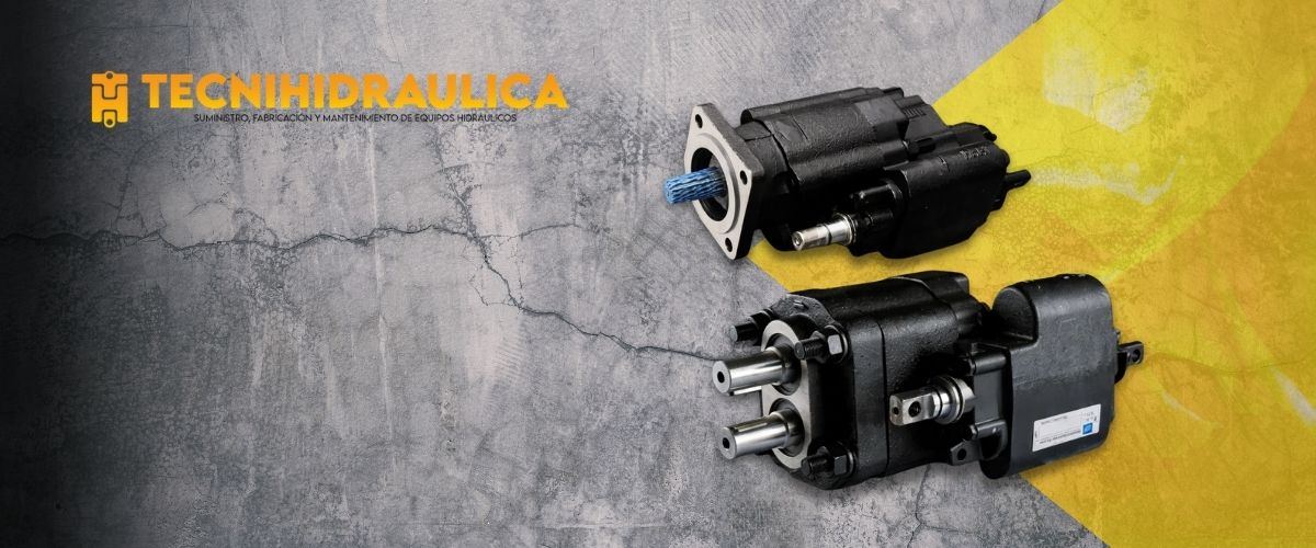 Banner oficial de TECNIHIDRAULICA mostrando bombas y motores hidráulicos industriales. Resaltamos nuestros servicios de suministro, fabricación y mantenimiento de equipos hidráulicos con cobertura en Medellín y todo Colombia