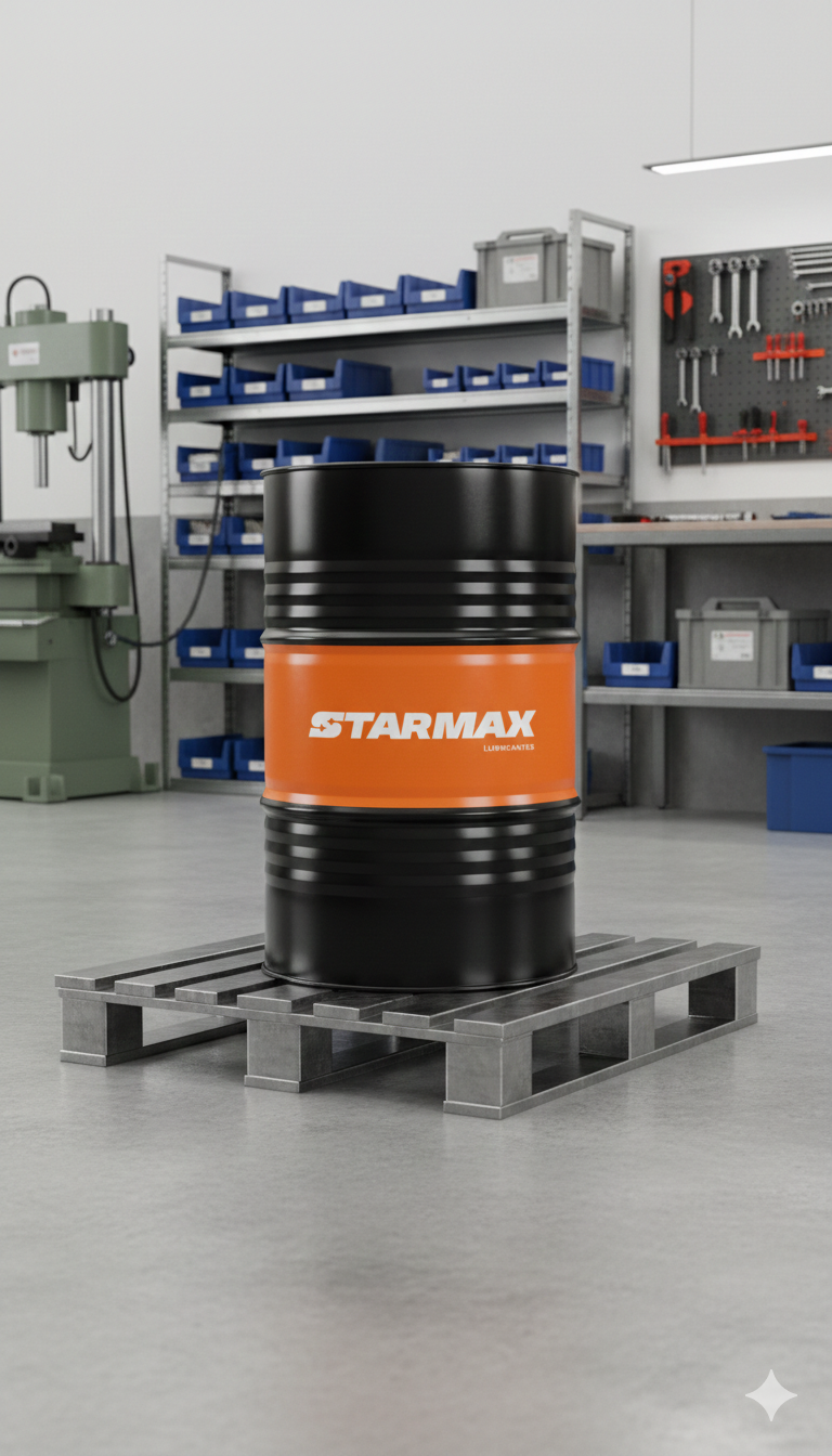 Barril de aceite hidráulico STARMAX sobre pallet en bodega profesional. Suministro industrial de lubricantes de alta eficiencia para maquinaria pesada disponible en Tecnihidráulica Medellín.
