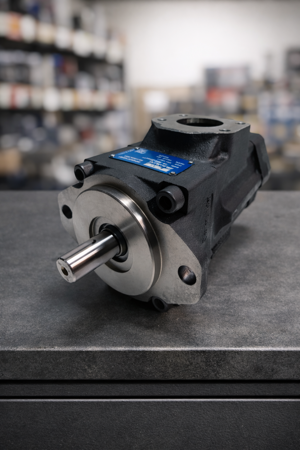 Bomba hidráulica industrial con placa de identificación técnica para sistemas de potencia. Repuesto disponible en Tecnihidráulica Medellín para mantenimiento de maquinaria pesada y equipos industriales con envíos a todo Colombia