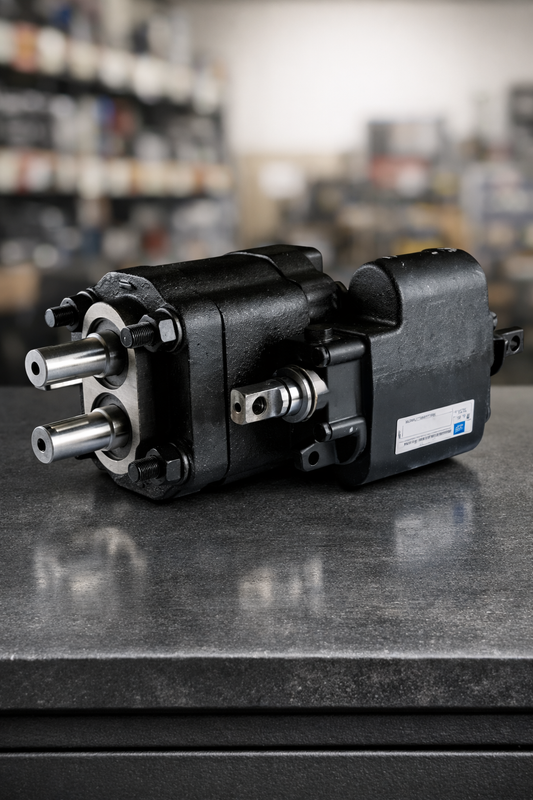 Bomba hidráulica doble tipo tándem con dos ejes de cuña para maquinaria industrial pesada. Repuesto de alta presión disponible en Tecnihidráulica Medellín con servicio de envío técnico nacional