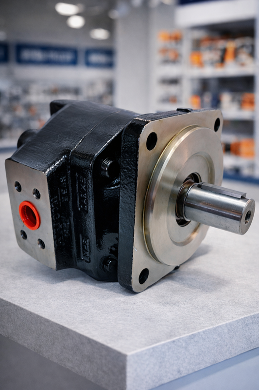 Detalle de bomba hidráulica industrial con eje de cuña y chaveta para acoplamiento mecánico. Repuesto técnico de alta presión disponible en Tecnihidráulica Medellín con envíos a todo el país