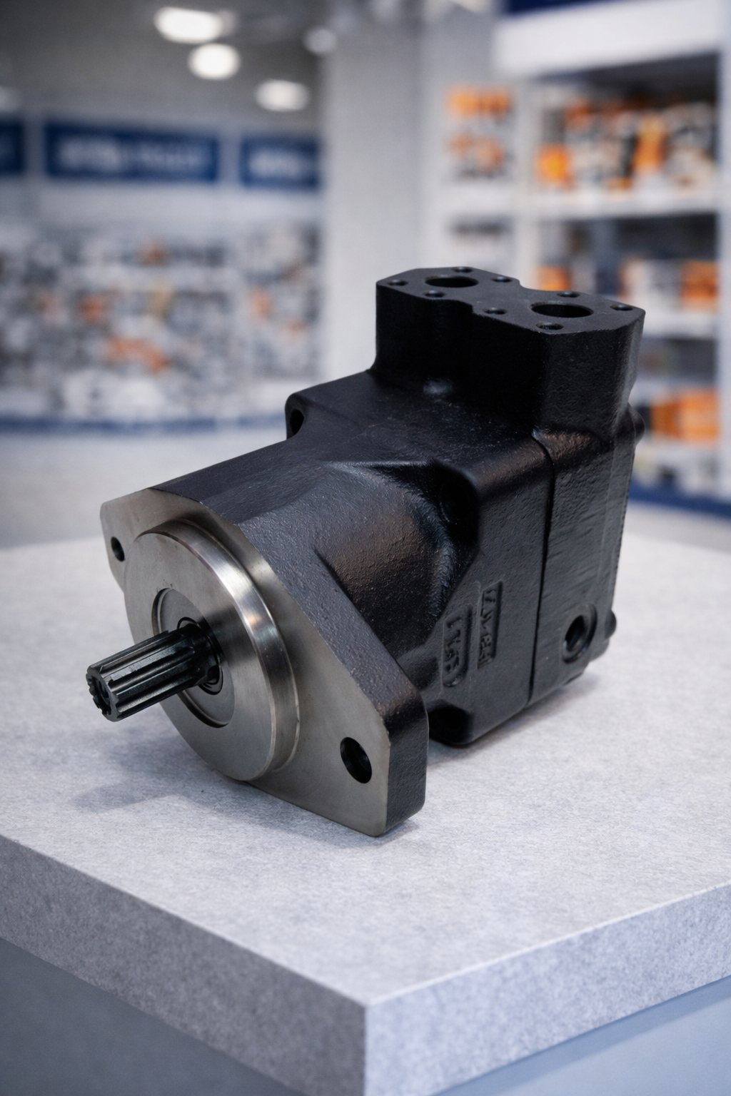 Primer plano de bomba hidráulica con eje estriado para acople en maquinaria industrial pesada. Repuesto de alta precisión disponible en Tecnihidráulica Medellín con servicio de envío nacional inmediato