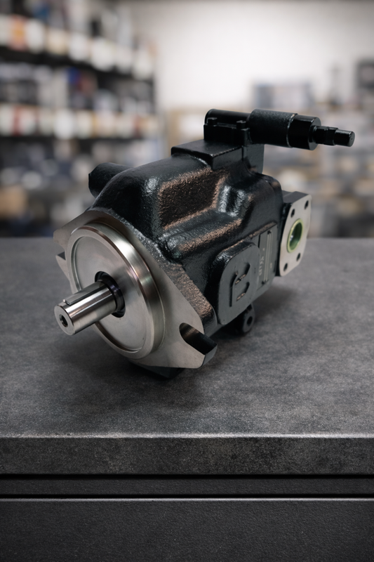 Bomba hidráulica de pistones de alta presión para sistemas de potencia industrial, disponible en el inventario de repuestos de Tecnihidráulica en Medellín para entrega inmediata a todo el país