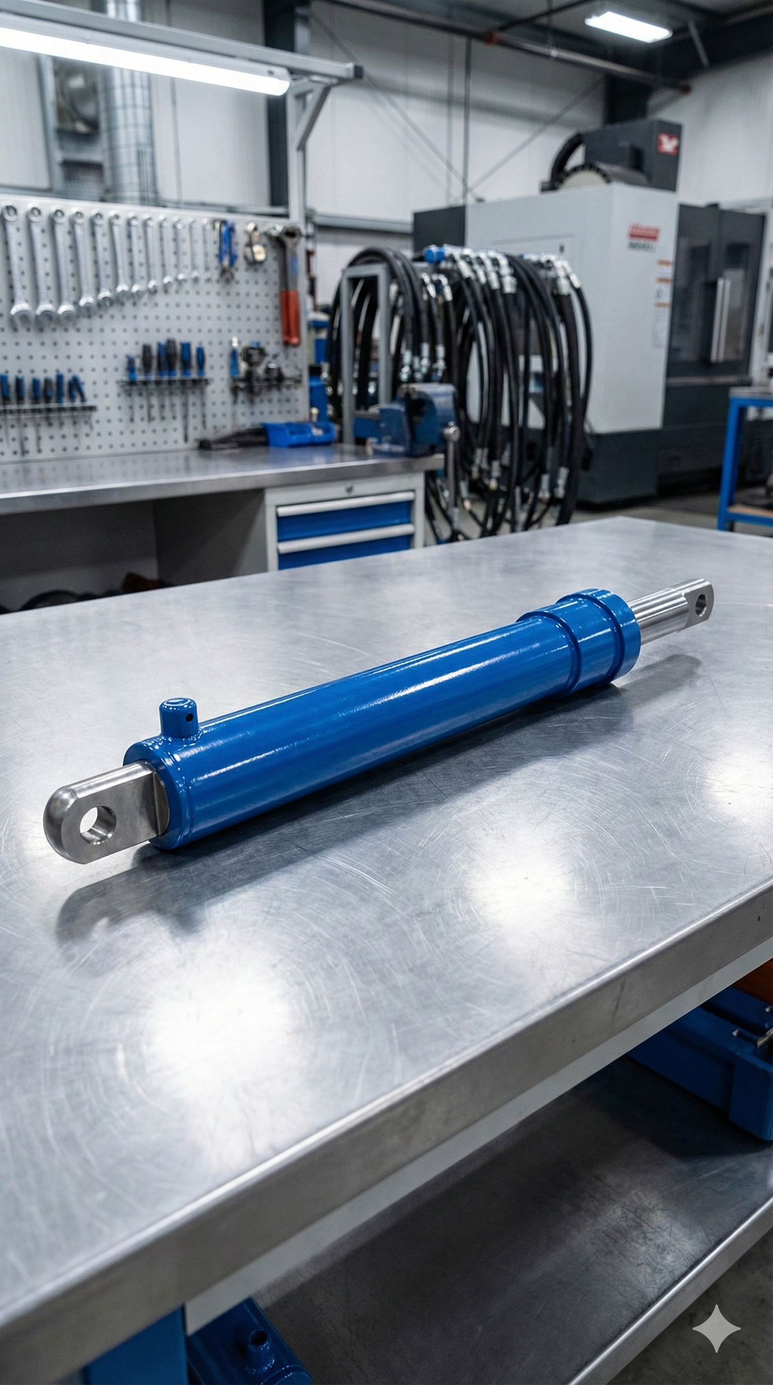 Cilindro hidráulico azul de alta resistencia sobre mesa de trabajo industrial. Producto fabricado y garantizado por Tecnihidráulica en Medellín, ideal para maquinaria pesada y aplicaciones de alta presión.