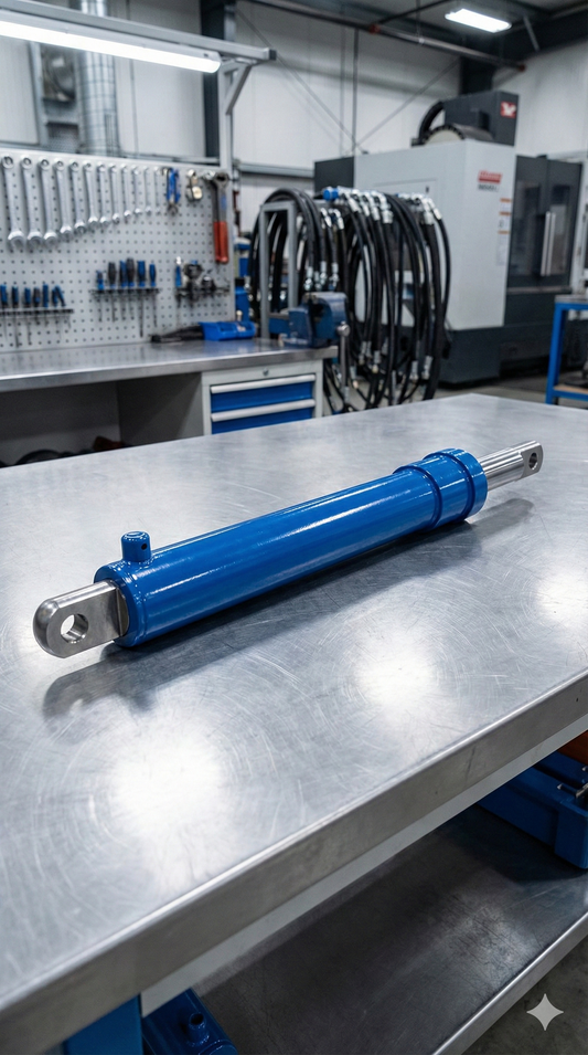 Cilindro hidráulico azul de alta resistencia sobre mesa de trabajo industrial. Producto fabricado y garantizado por Tecnihidráulica en Medellín, ideal para maquinaria pesada y aplicaciones de alta presión.