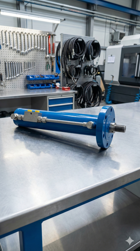 Cilindro hidráulico azul con montaje de brida delantera sobre mesa de acero en taller profesional. Componente de alta presión fabricado y garantizado por Tecnihidráulica Medellín para aplicaciones industriales pesadas