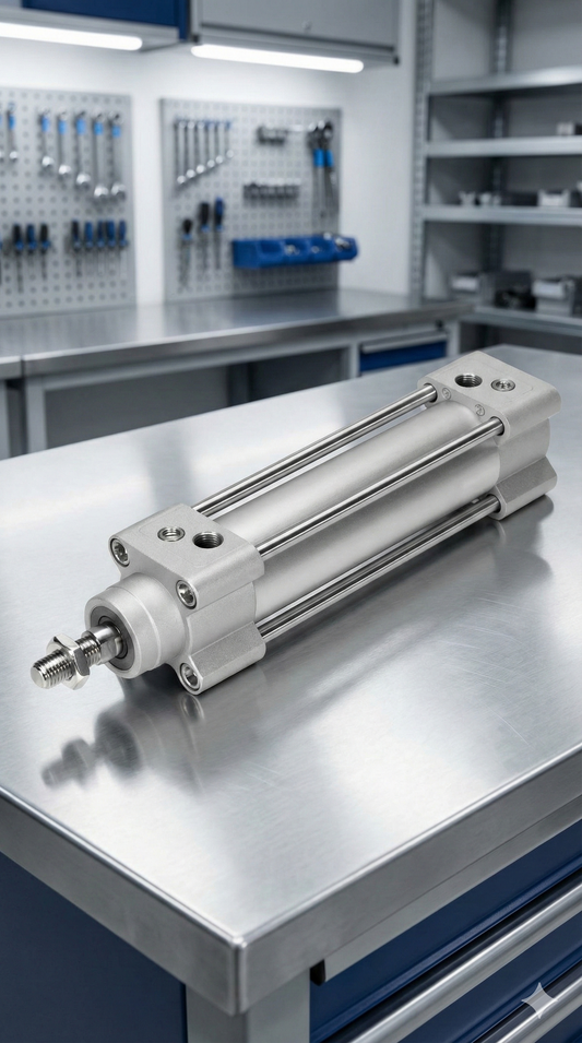 Cilindro hidráulico de tirantes para aplicaciones industriales de alta precisión sobre mesa de trabajo profesional. Repuesto y fabricación técnica garantizada por Tecnihidráulica en Medellín.