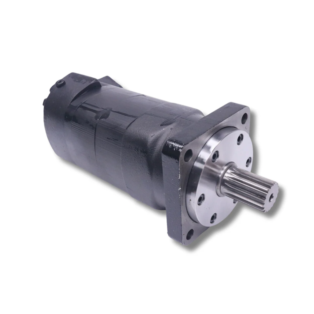 Motor hidráulico industrial con eje estriado de alta resistencia para aplicaciones en maquinaria pesada. Repuesto técnico especializado disponible en Tecnihidráulica Medellín con servicio de envíos a todo el país.