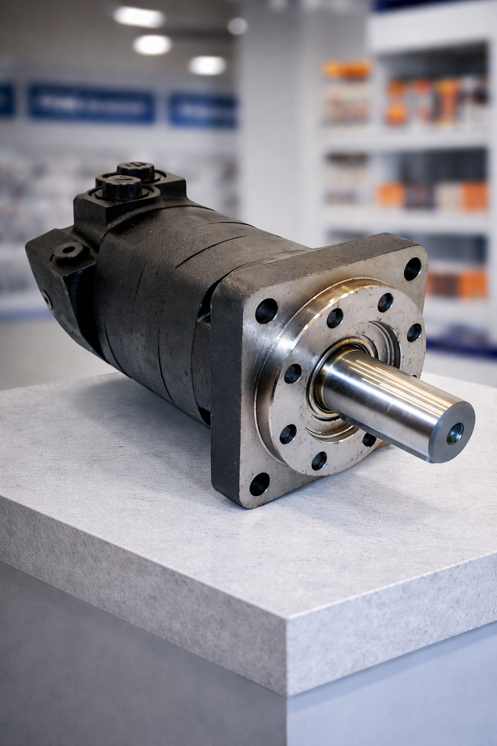 Motor hidráulico industrial de alto torque con eje liso y brida de montaje reforzada. Repuesto de alta potencia para maquinaria pesada disponible en Tecnihidráulica Medellín con envíos técnicos a todo el país