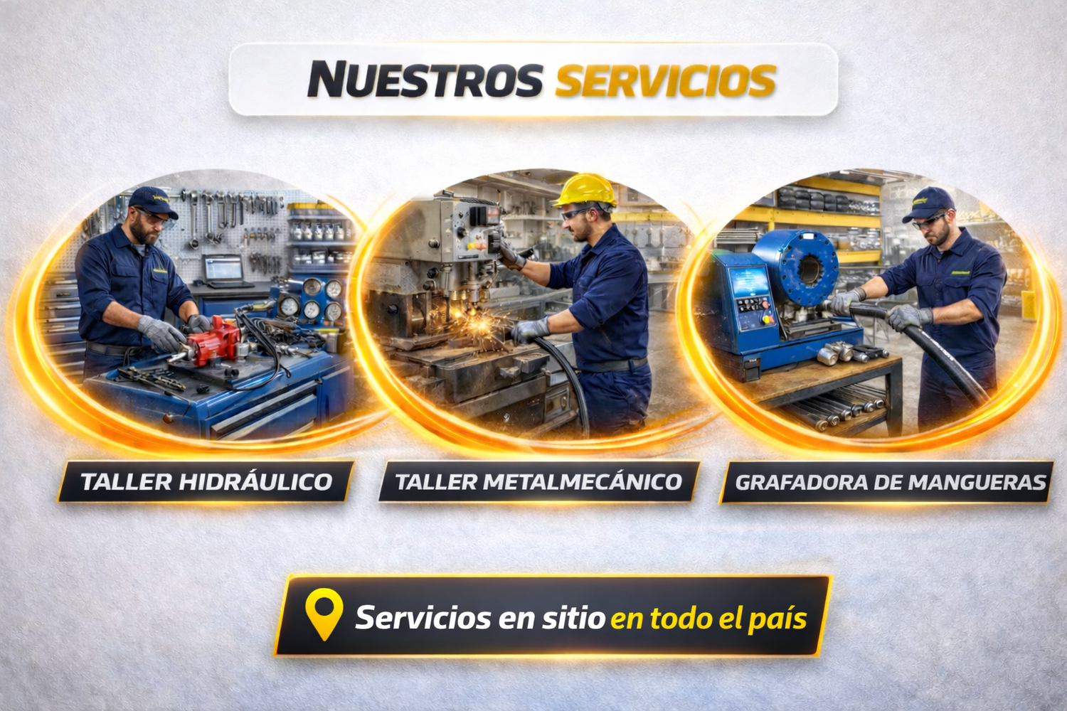 Infografía de servicios de Tecnihidráulica: Taller Hidráulico para reparación de bombas, Taller Metalmecánico para fabricación y Grafadora de Mangueras. Ofrecemos servicios técnicos en sitio y cobertura en todo el país