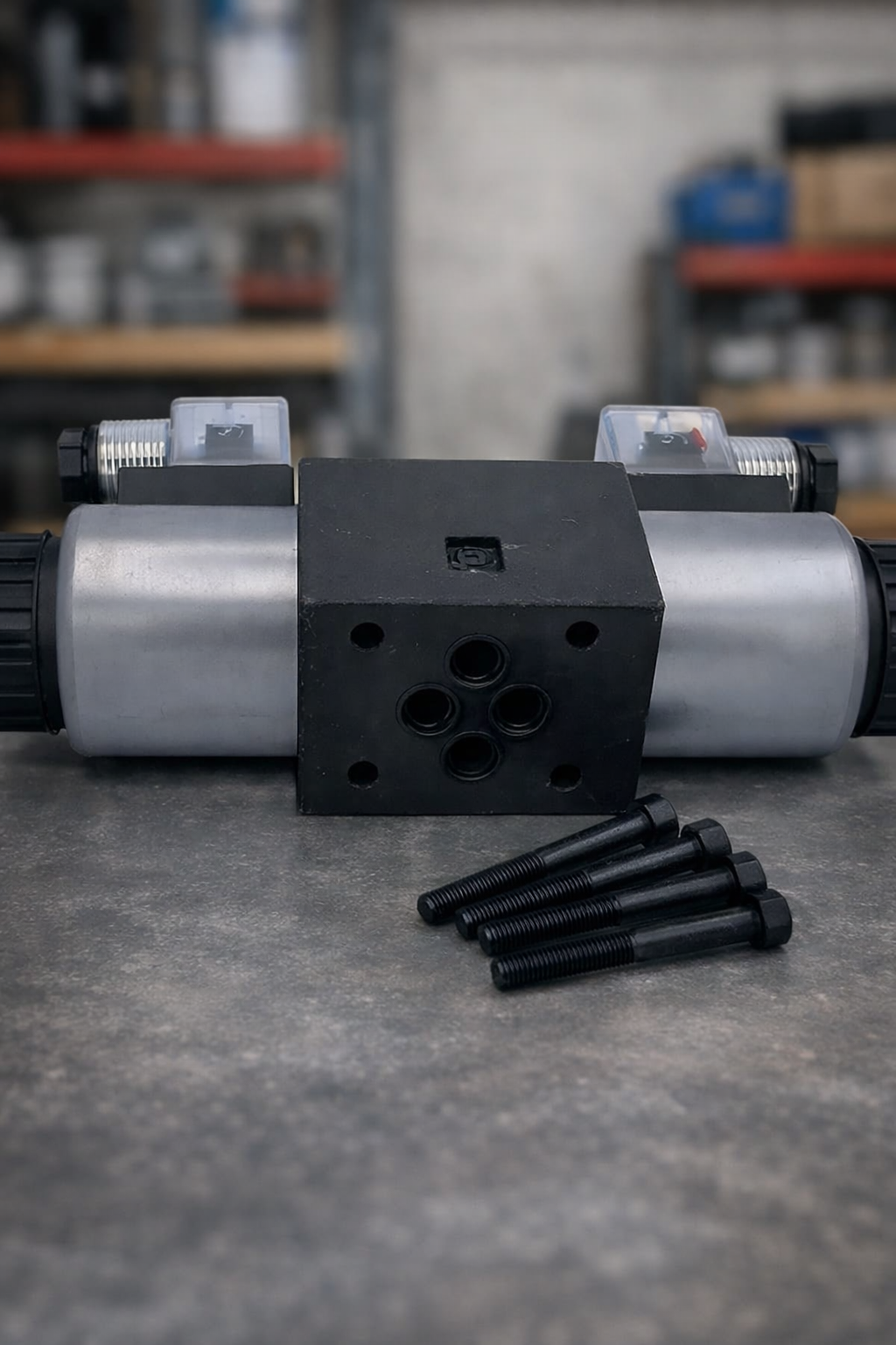 Válvula direccional hidráulica accionada por solenoide para control de flujo con kit de pernos de montaje. Repuesto técnico de alta precisión para sistemas industriales disponible en Tecnihidráulica Medellín