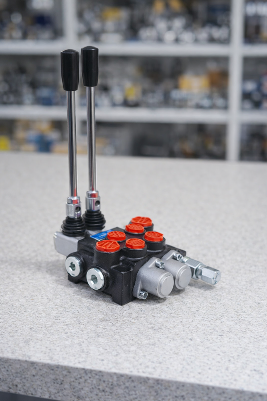 Válvula de control hidráulico monobloque de 2 palancas para mando manual de cilindros y motores. Repuesto técnico de alta precisión disponible en Tecnihidráulica Medellín con servicio de envío a todo el país