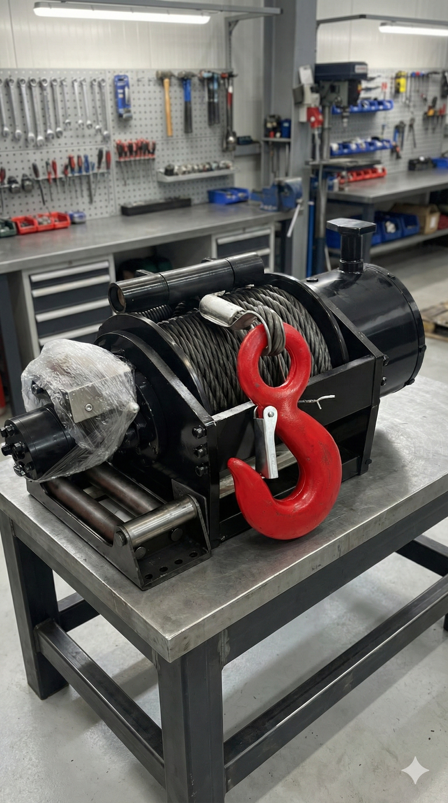 Winche hidráulico robusto con cable de acero y gancho rojo sobre mesa de trabajo profesional. Equipo de alta tracción para maquinaria y vehículos de rescate disponible en Tecnihidráulica Medellín con envíos nacionales